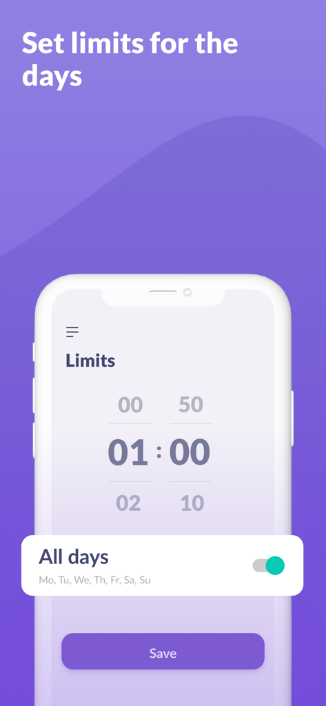 Alli360: Screen Time Control - Alli360 앱에서 자녀를 위한 일일 사용 시간 제한을 설정하는 방법을 보여주는 인터페이스