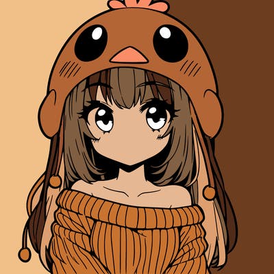 anime girl with chick shaped hat with sweater with bare shoulders with bangs covering them one eye with low tail