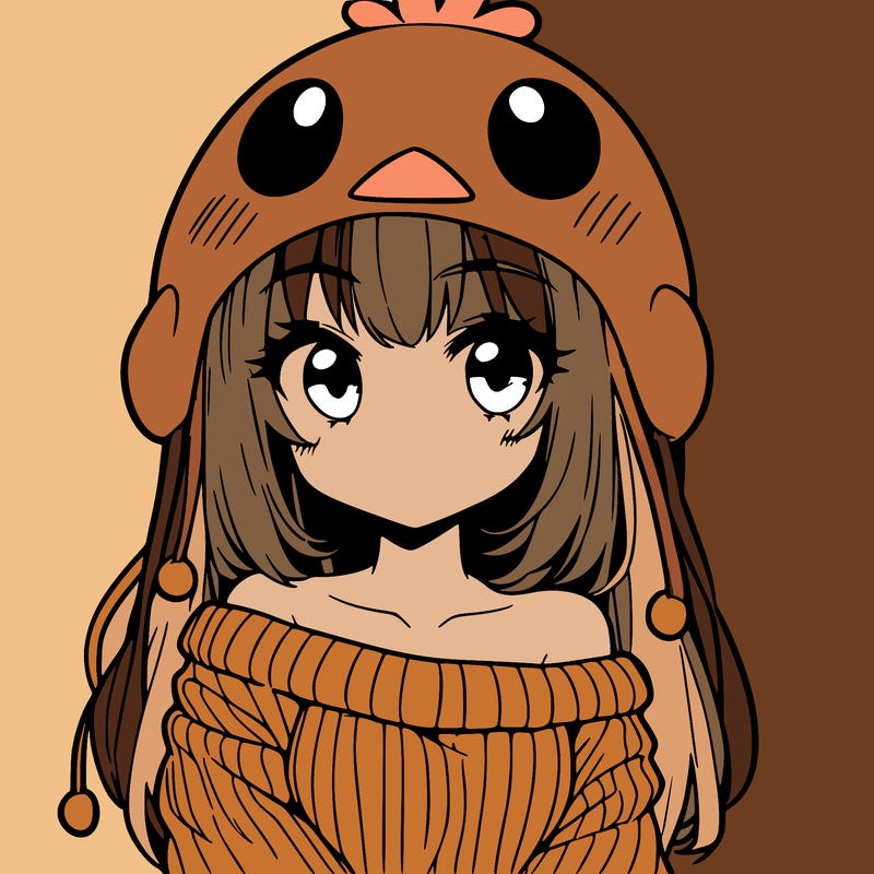 anime girl with chick shaped hat with sweater with bare shoulders with bangs covering them one eye with low tail