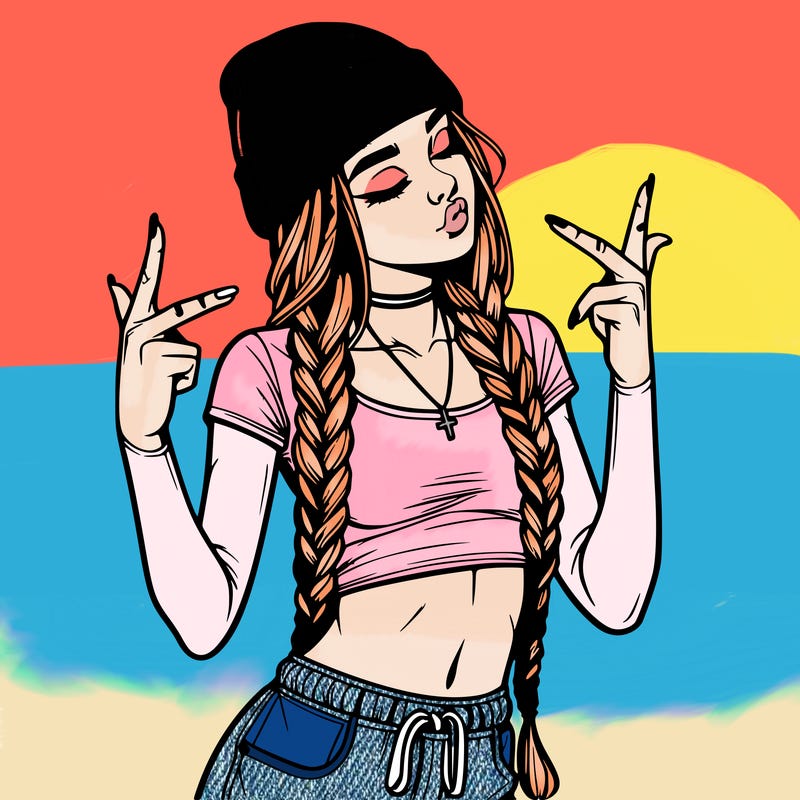 realistic teenage girl with braids and a beanie and crop top doing 🫶🏼