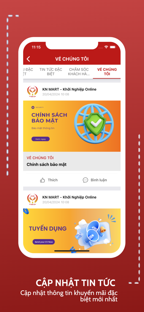 KN MART - Khởi Nghiệp Online - Interface of the KN MART app showing news and company information section