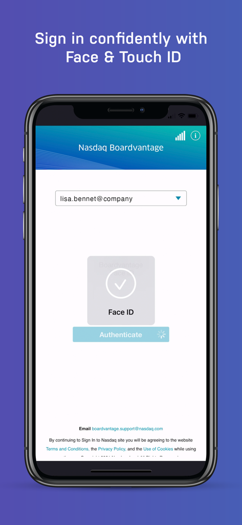 Nasdaq Boardvantage - Nasdaq Boardvantage login screen featuring Face ID biometric authentication for secure corporate governance access