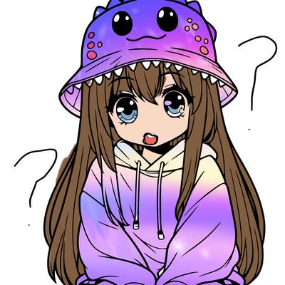 girl with anime shaped eyes with a dinosaur bucket hat oversized sweatshirt long straight hair