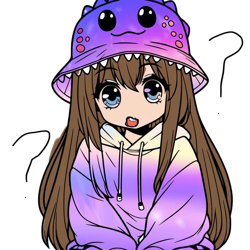 girl with anime shaped eyes with a dinosaur bucket hat oversized sweatshirt long straight hair