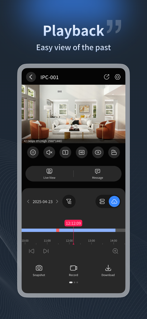 UniEase (Formerly UNV-Link) - UniEase mobile App-Oberfläche mit Sicherheitskamera-Videowiedergabe mit Zeitachse und Steuerelementen