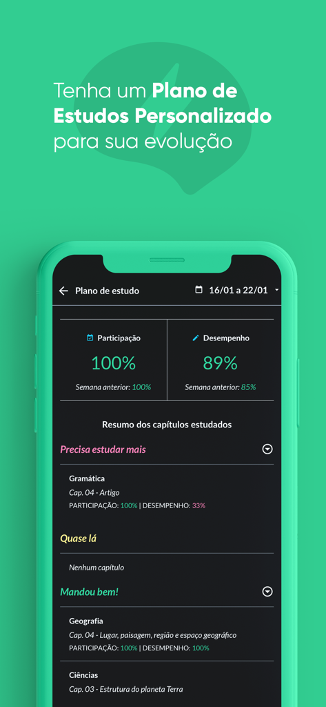 Uma tela de smartphone exibindo o painel de plano de estudos do app Geekie One com métricas de desempenho do aluno e progresso das matérias