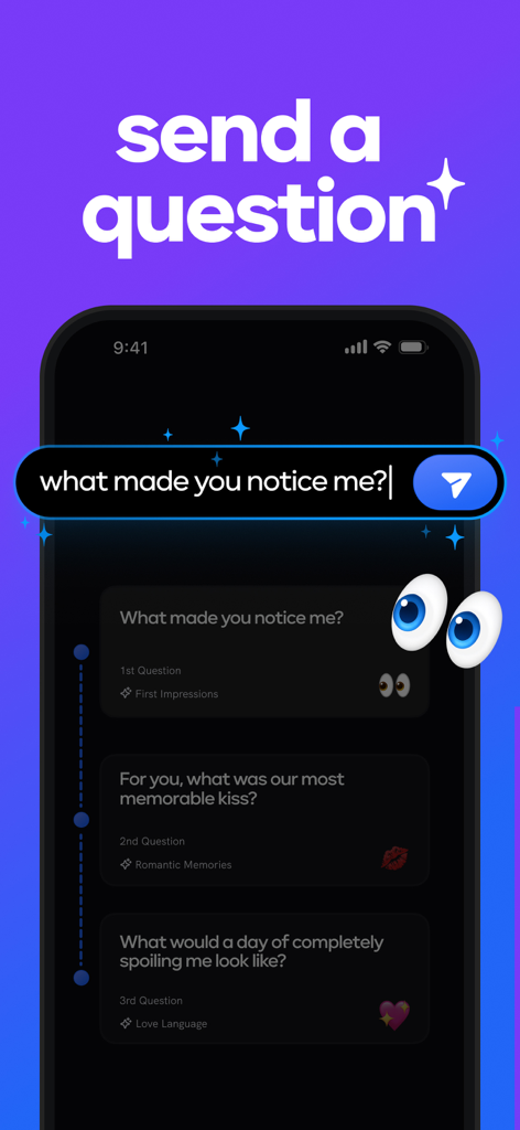 Honest: Couples & Relationship - Screenshot of the Honest app showing the send a question feature with relationship prompts for couples.