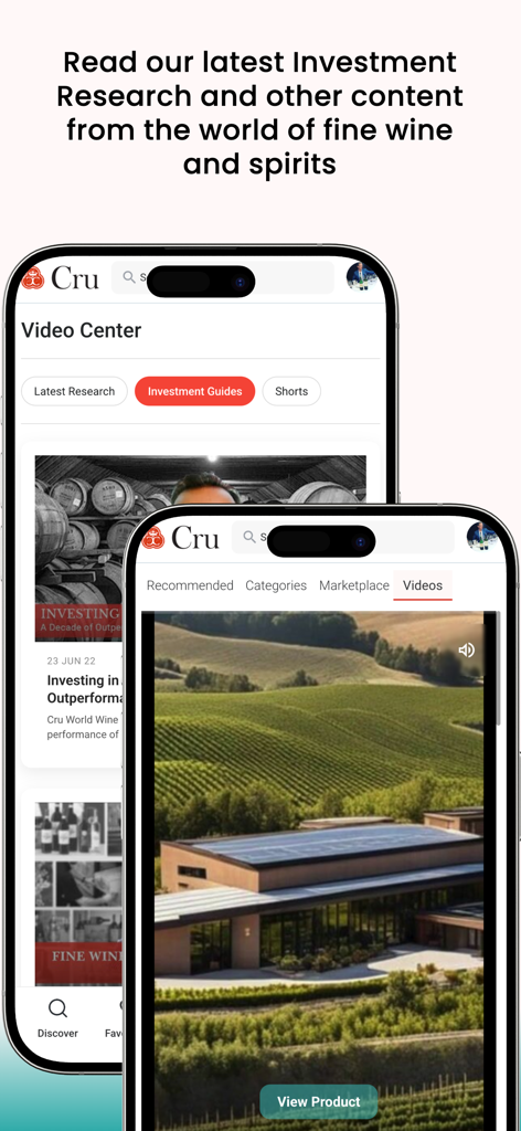 Smartphone screens displaying the Cru World Wine app video center with investment guides and vineyard content