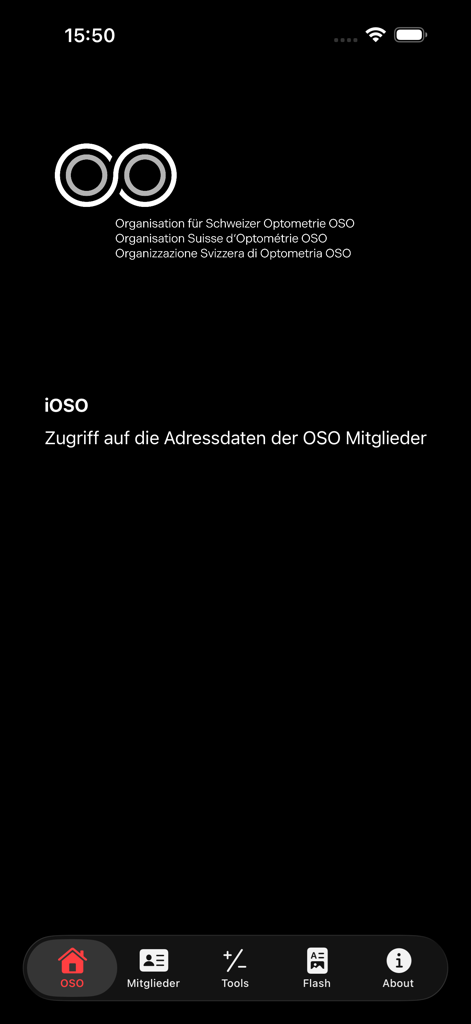 iOSO Optometry Switzerland - Home screen of the iOSO Optometry Switzerland mobile app showing the OSO logo and professional navigation tools