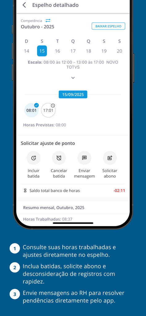 Captura de tela do aplicativo Meu Ahgora mostrando uma interface detalhada de cartão de ponto com registros de marcação e opções para solicitar ajustes