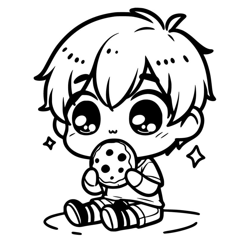 cute chibi boy eating a cookie sitting on the floor