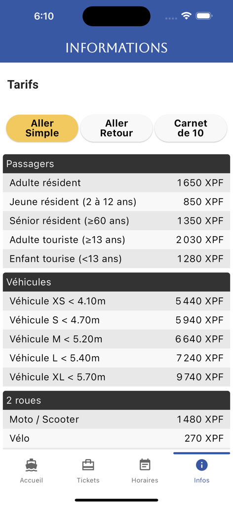 Aremiti app price list screen showing fares for passengers, vehicles, and motorcycles