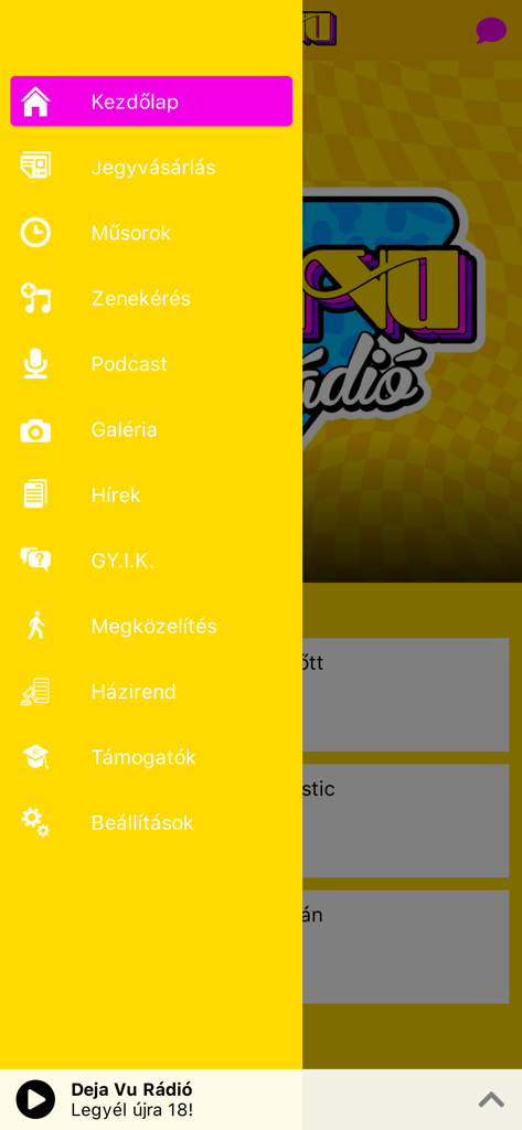 Deja Vu Fesztivál - Side navigation menu of the Deja Vu Festival app in Hungarian showing options for tickets programs and radio