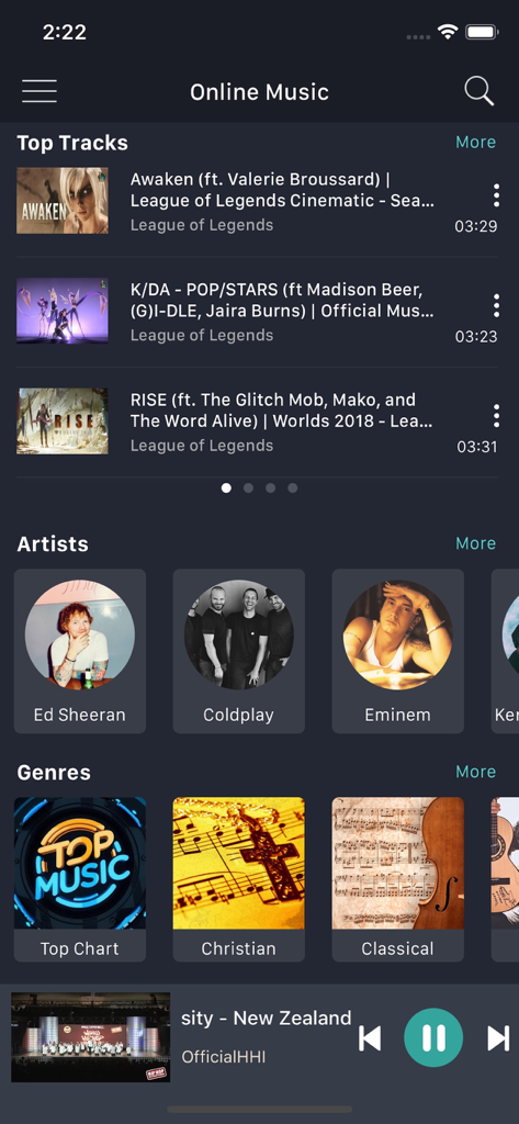 MusicOZ: Music player - Interfaz de la aplicación MusicOZ que muestra las principales pistas y artistas populares