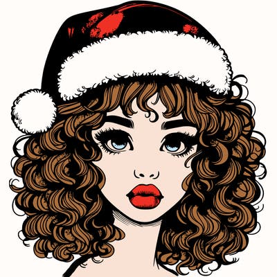 realistic girl with a santa hat curly hair and lips