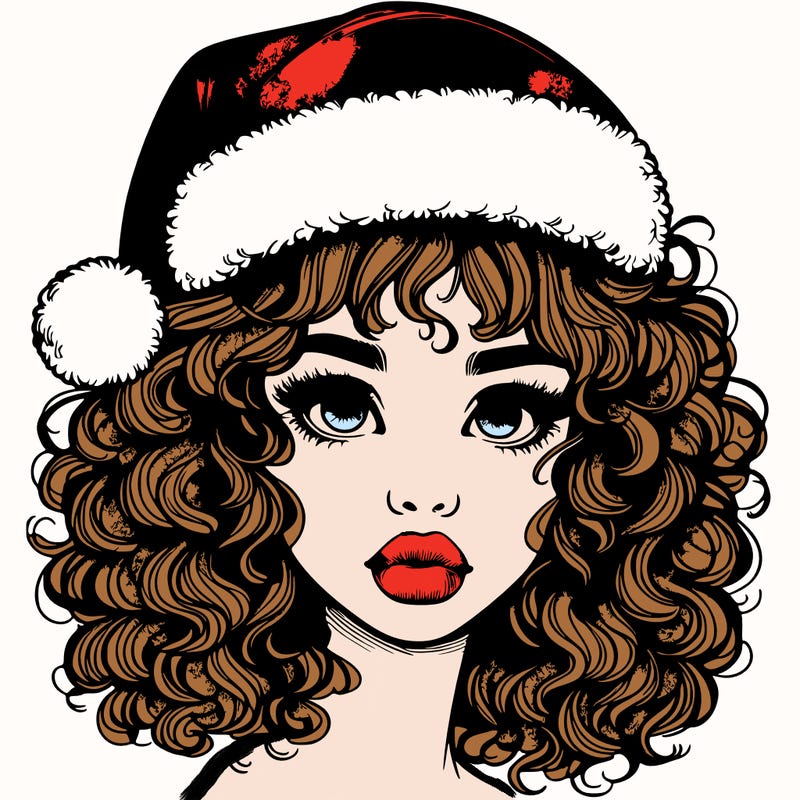 realistic girl with a santa hat curly hair and lips