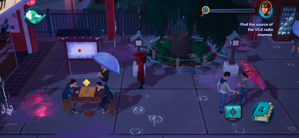 Carmen Sandiego in her red trench coat exploring a rainy park in Tokyo during a detective mission.