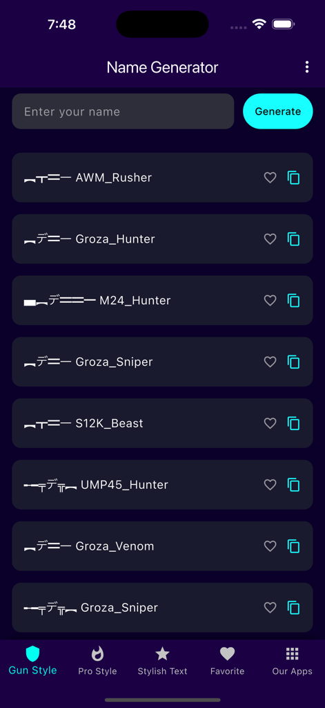 Name Generator For Games - Mobile app interface displaying a list of gun-themed nicknames with special symbols and characters for gamers