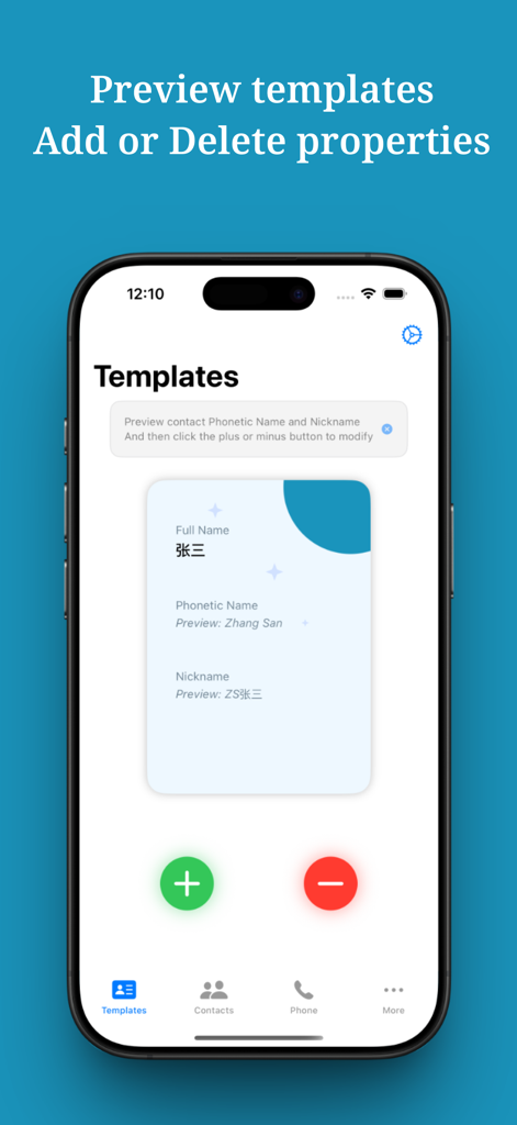 ContactHelper app screen showing the template editor with preview for phonetic names and pinyin nicknames for Chinese contacts.