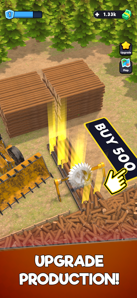 A sawmill in Lumber Chopper game showing wood logs being cut by a circular saw with an upgrade production button.