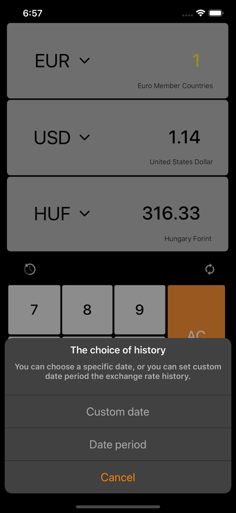 iCurrency Exchange Pro - iCurrency Exchange Pro app screen showing a currency converter interface with a popup menu for selecting historical exchange rate data by date or period