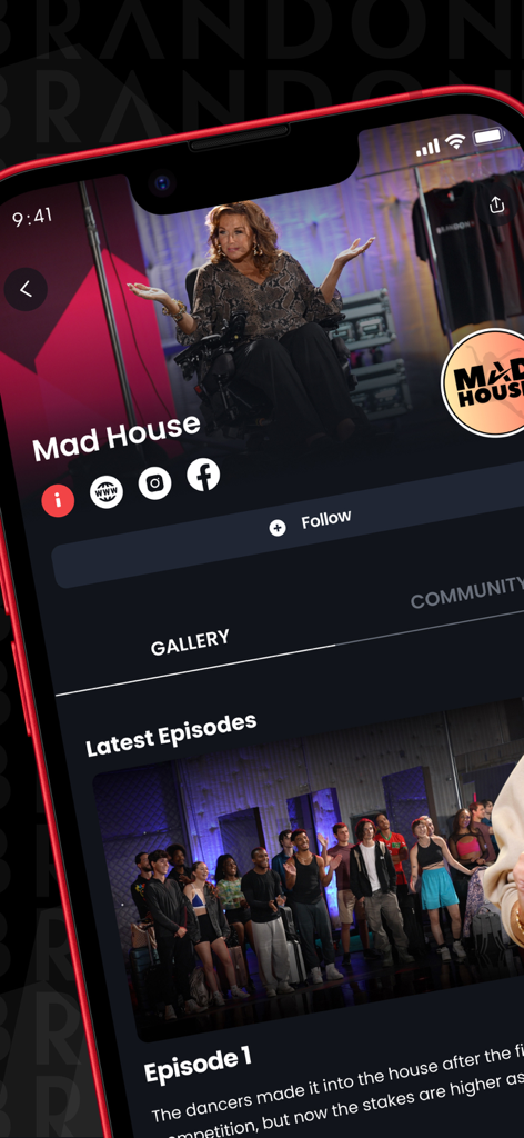 Brandon TV - Brandon TV app interface showing the Mad House reality series page with latest episodes and community options
