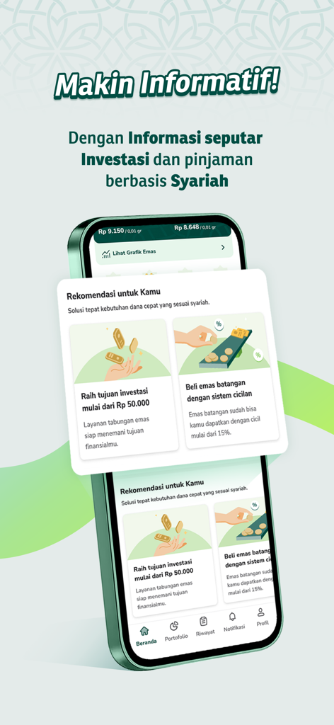 Pegadaian Syariah Digital - Pegadaian Syariah Digitalアプリの金投資およびシャリアローン用インターフェース