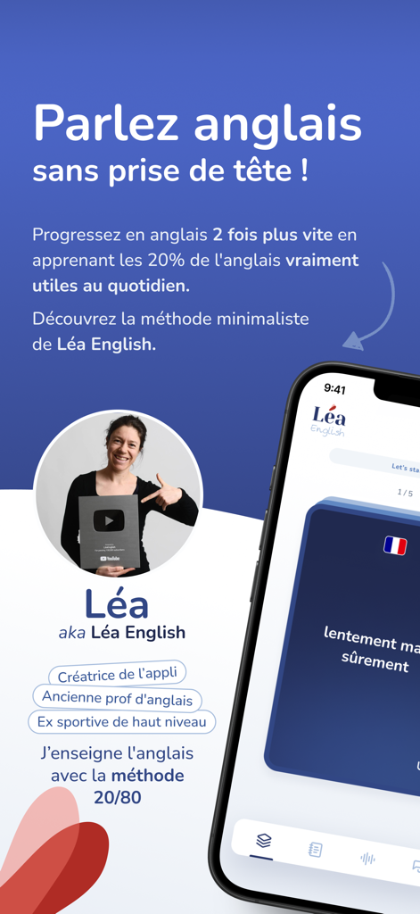 Léa English - Einführungsbildschirm für die Lea English App mit der Erstellerin Lea und der minimalistischen 20-80-Methode für Französischsprachige.