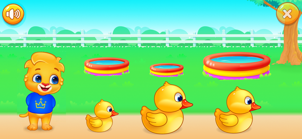 Toddler & Preschool Kids Games - Toddler learning game showing size sorting with yellow ducks and inflatable pools