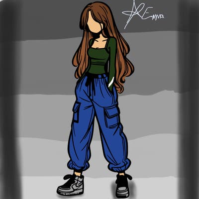 girl in baggy pants crop top and long hair