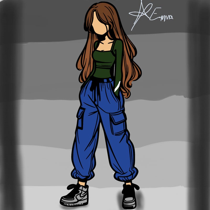 girl in baggy pants crop top and long hair