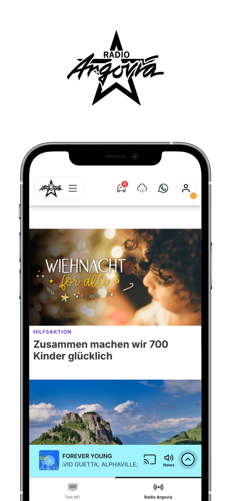 Radio Argovia - Radio Argovia app interface showing regional news articles and a music player bar