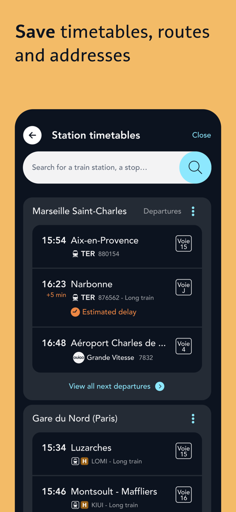 マルセイユとパリの駅のリアルタイム列車出発時刻とプラットフォーム番号を表示するSNCF Connectアプリ画面