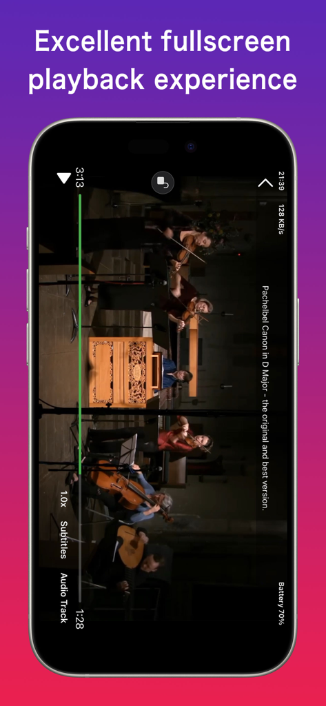 Media Pro Video Player zeigt Vollbildwiedergabe mit erweiterten Audio- und Untertitelsteuerungen