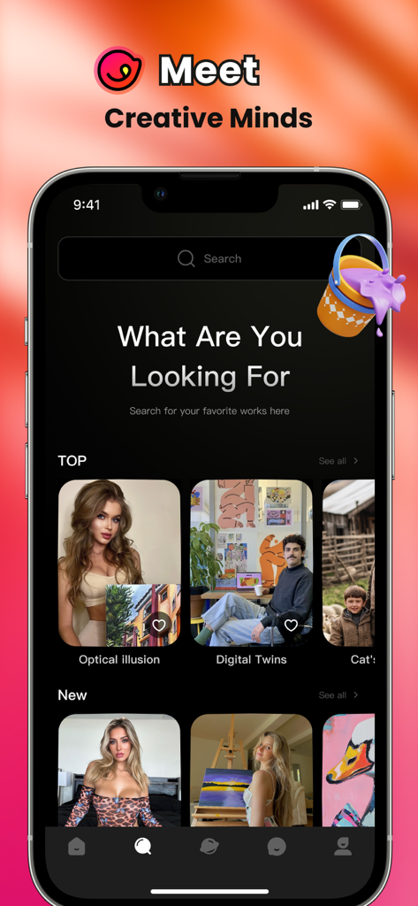 Bitty: Video, Live, Match - Bitty app interface showing a search screen for artistic content and creative profiles under Top and New categories.