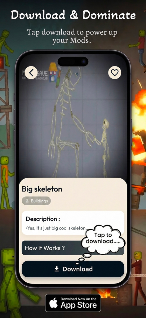 Mega Mods For Melon Playground - Screenshot of Mega Mods For Melon Playground showing a big skeleton mod and download button
