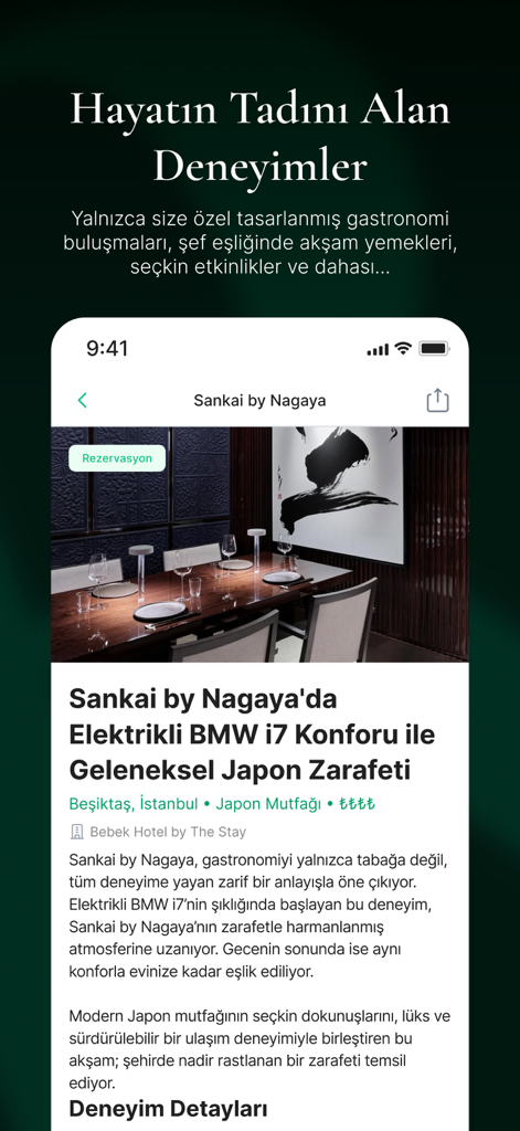 Rezervem - Rezervem app screenshot showing a luxury Japanese dining experience with premium chauffeur service.