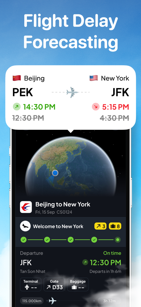 Sky Sync - Live Flight Tracker - Sky Sync app interface showing flight delay forecasting and live tracking status for a Beijing to New York flight.