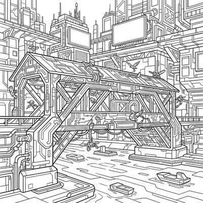 Step into a fascinating blend of history and future with our Cyberpunk Covered Bridge coloring page. This intricate design transforms a classic structure into a high-tech marvel amidst a sprawling futuristic cityscape, perfect for detailed coloring.