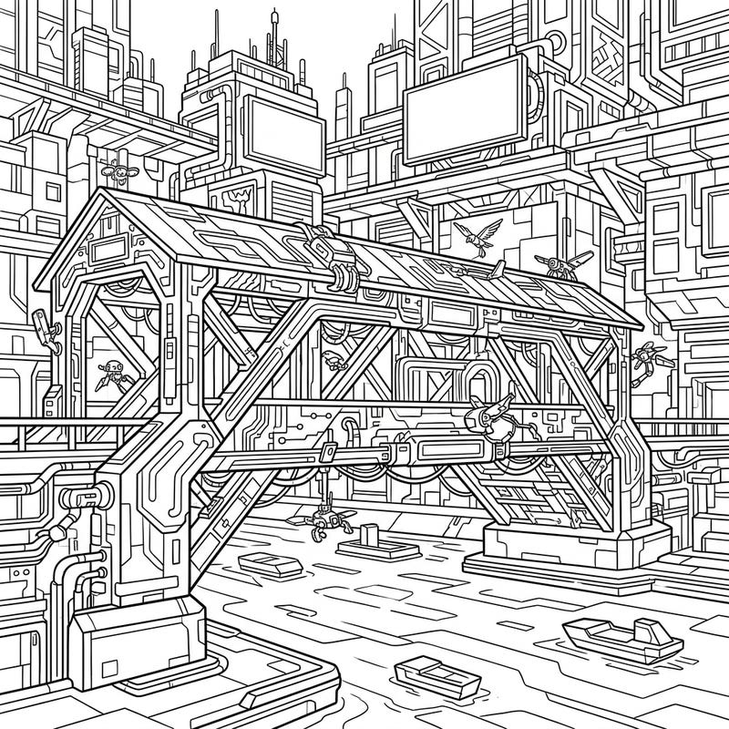 Step into a fascinating blend of history and future with our Cyberpunk Covered Bridge coloring page. This intricate design transforms a classic structure into a high-tech marvel amidst a sprawling futuristic cityscape, perfect for detailed coloring.