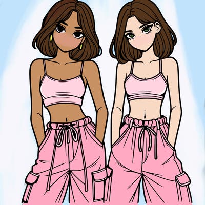 two girls with crop top with baggy pants