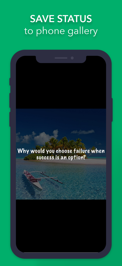 Écran de l'application mobile Status Save montrant une citation de motivation sur le succès sur fond de plage tropicale.