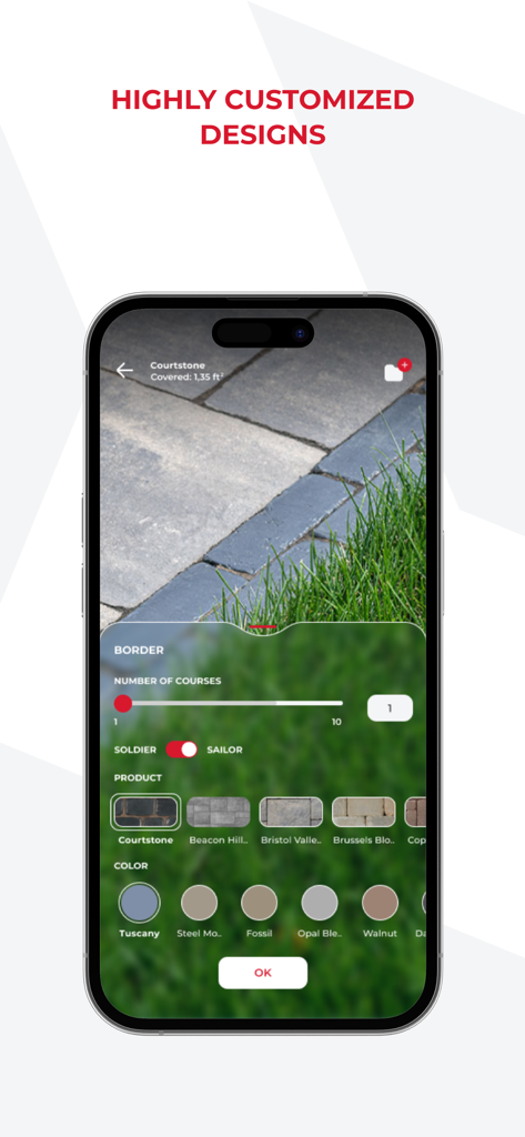 Uview AR Landscape Visualizer - Interfaz de la aplicación Uview AR que muestra opciones de personalización para adoquines y colores de paisaje