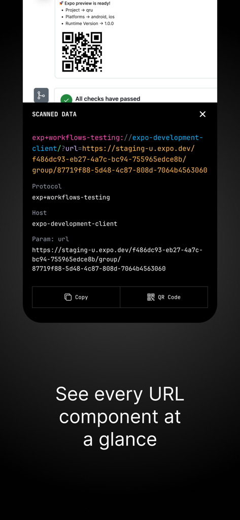 QRU? - QR Code Debugger - Aplicativo QRU mostrando análise de componentes de URL codificados por cores para desenvolvedores mobile