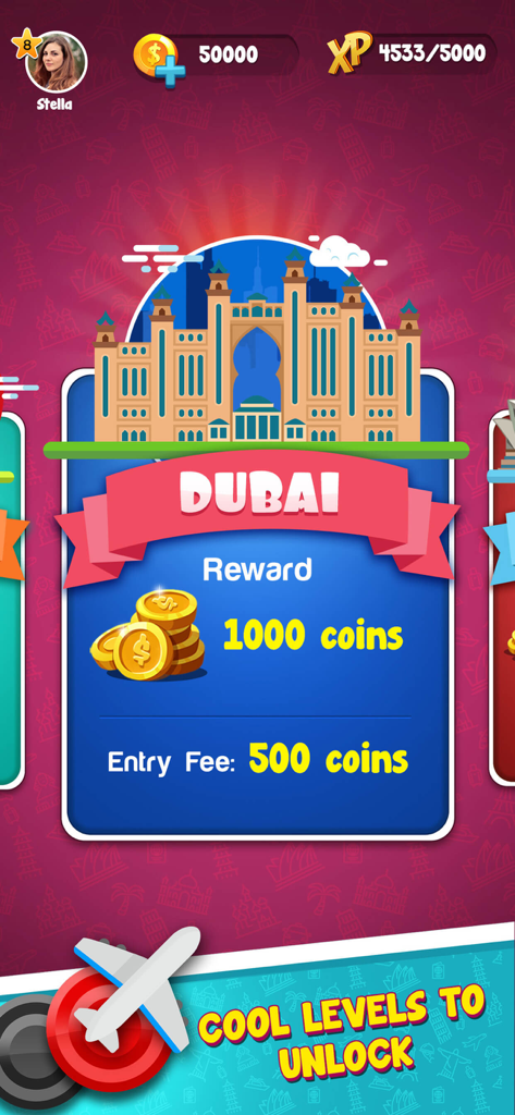 Pantalla de selección de nivel de Carrom Master Dubai mostrando la tarifa de entrada y las recompensas en monedas