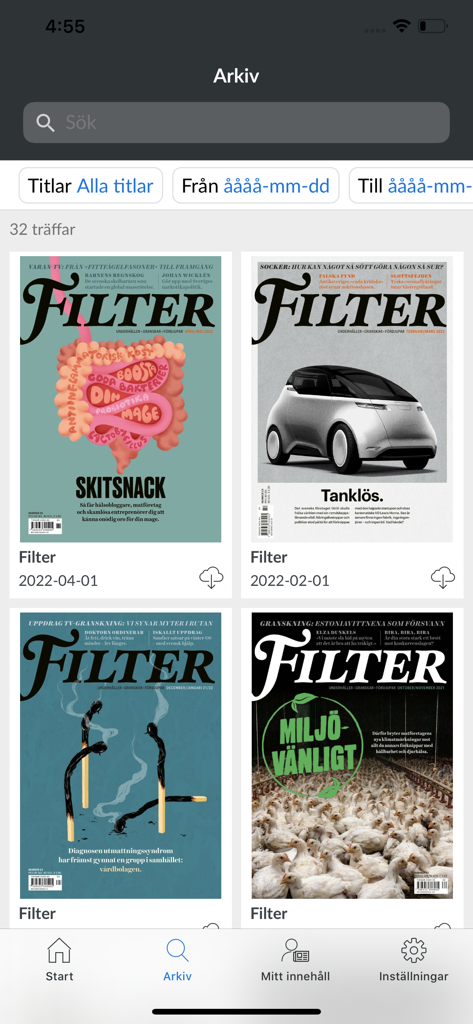 L'écran d'archives de l'application Magasinet Filter montrant les couvertures des magazines
