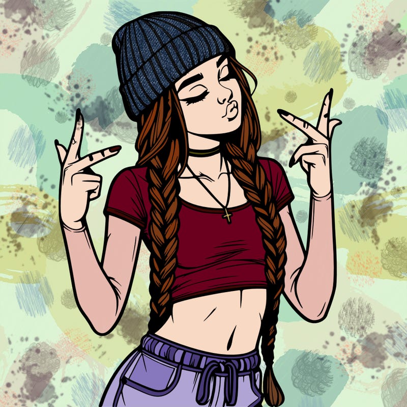 realistic teenage girl with braids and a beanie and crop top doing 🫶🏼