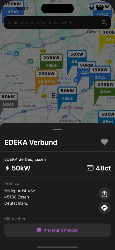 Ad-Hoc Map app interface displaying EV charging stations with capacity and price tags