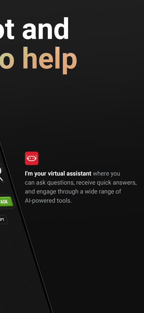 Ai Chat — HotBot - HotBot AI virtual assistant interface with descriptive text and robot icon on a dark background
