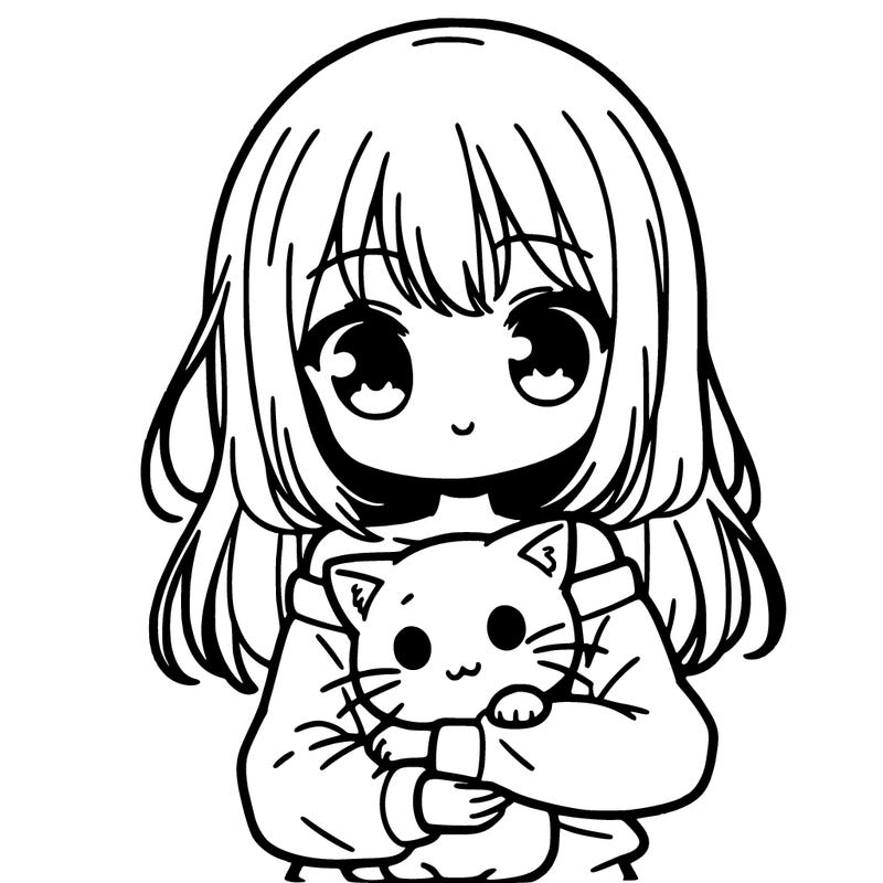 cute anime girl holding a cat
